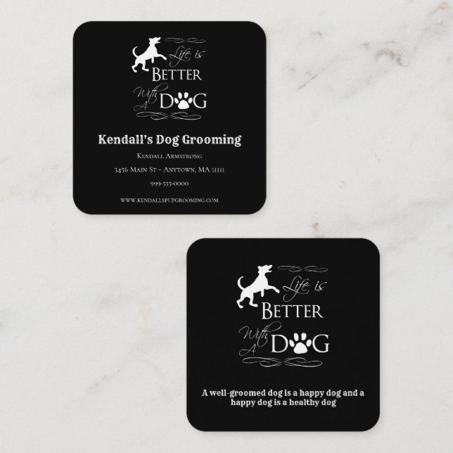 Carte De Visite Carré Black Funny Citation Chien Grooming (Devant / Derrière)