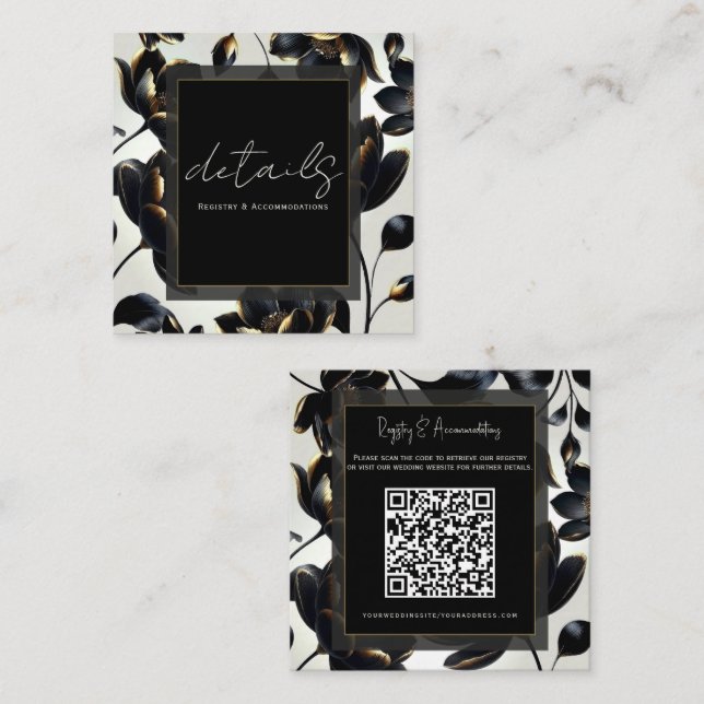 Carte De Visite Carré Black & Gold Floral Greige Détails du Mariage (Devant / Derrière)