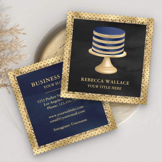 Carte De Visite Carré Black Gold Foil Custom Navy Blue Cake Bakou (Créateur téléchargé)