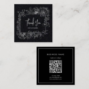 Carte De Visite Carré Blanc Fleur simple Livre noir QR Code Merci
