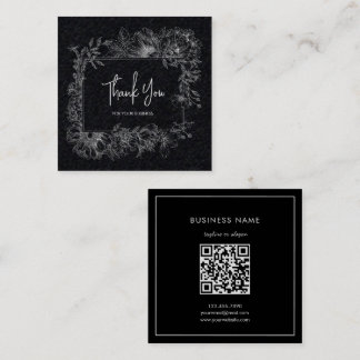 Carte De Visite Carré Blanc Fleur simple Livre noir QR Code Merci