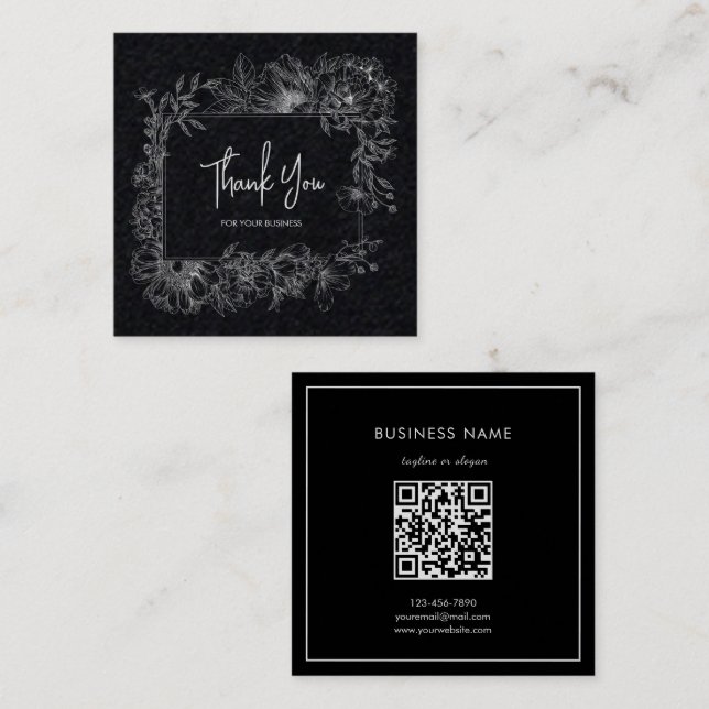 Carte De Visite Carré Blanc Fleur simple Livre noir QR Code Merci (Devant / Derrière)