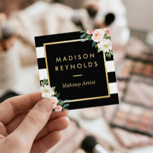 Carte De Visite Carré Blanc flou blanc cadre or noir blanc rayures