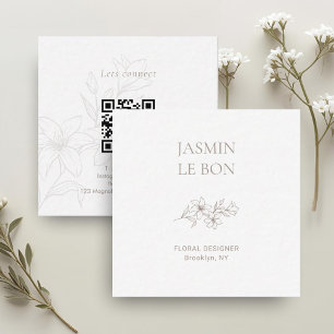 Carte De Visite Carré BLANCHE   Chic minimal Floral Carré QR Business