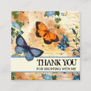 Carte De Visite Carré Bleu Fleurs Vintage Papillon Merci Logo