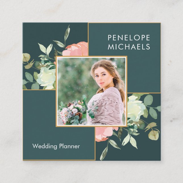 Carte De Visite Carré Bleu foncé vert avec bouquet floral Photo (Devant)