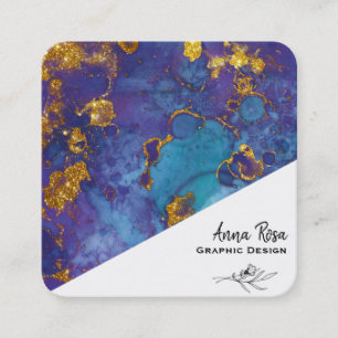 Carte De Visite Carré *~* Bleu Or Marbre Floral Abstrait Bio