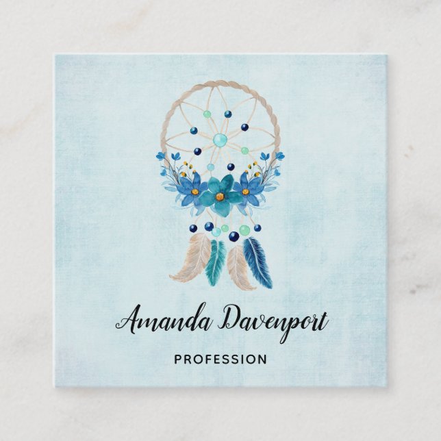 Carte De Visite Carré Blue Dreamcatcher Design Boho élégant (Devant)
