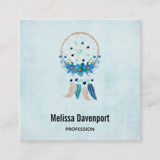 Carte De Visite Carré Blue Dreamcatcher Design Boho élégant (Devant)