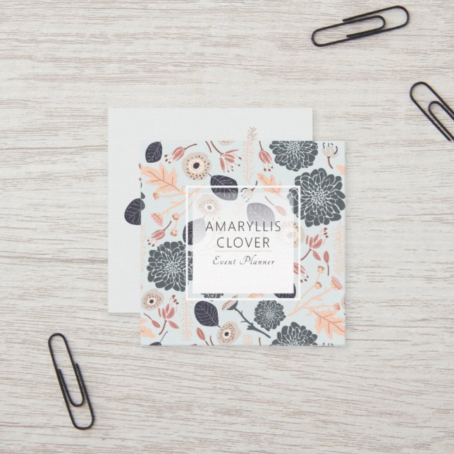 Carte De Visite Carré Blue Grey Peach Jouer Mix Fleurs Jetées (Devant/Arrière en situation)