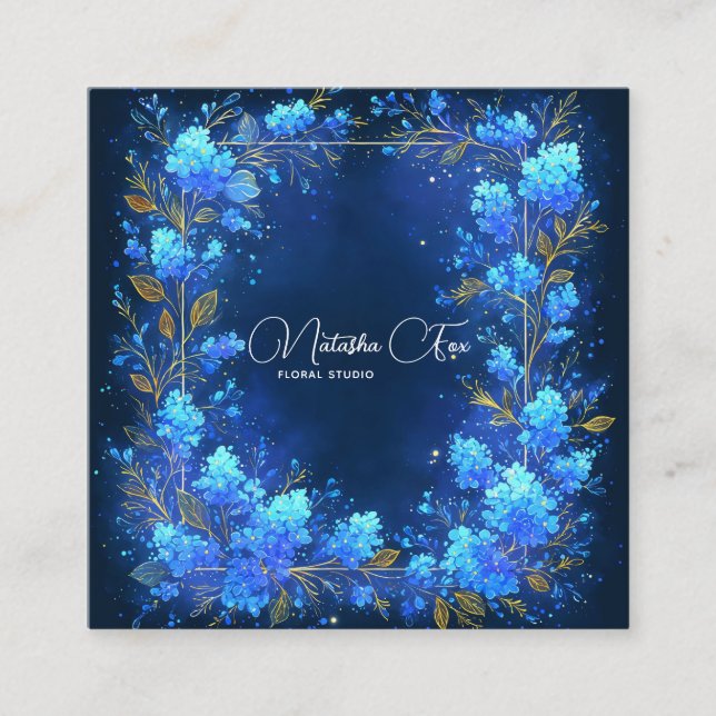 Carte De Visite Carré Blue Hydrangea Gold Celestial Frame Midnight (Devant)