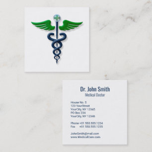 Carte De Visite Carré Blue Médicale Caduceus Green Wings Croix élégante
