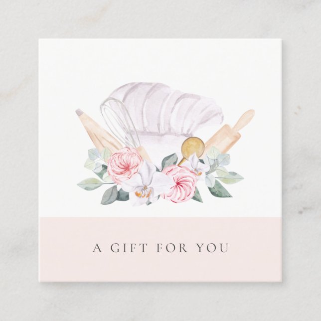 Carte De Visite Carré Blush Chef Casquette de restauration Floral Certif (Devant)