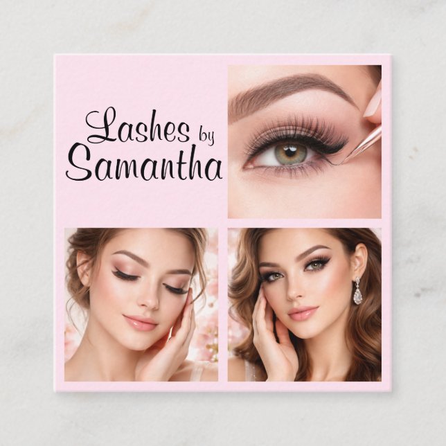 Carte De Visite Carré Blush Pink Black Script 3 Photo Logo Makeup (Devant)