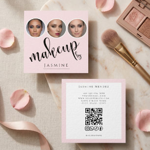 Carte De Visite Carré Blush Rose Blanc 3 Photo MUA QR Code Réseaux Socia