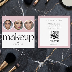 Carte De Visite Carré Blush Rose Blanc 3 Photo MUA QR Code Réseaux Socia