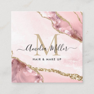 Carte De Visite Carré Blush Rose Pailleté Or Monogramme Cheveux Maquilla