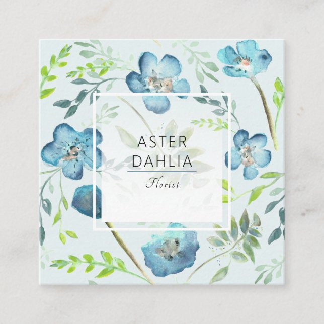 Carte De Visite Carré Boho bleu vert aquarelle Fleurs peintes (Devant)