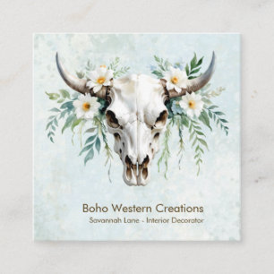 Carte De Visite Carré Boho Chic Aquarelle Blanc Floral Vache Crâne