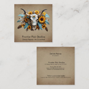 Carte De Visite Carré Boho Chic Aquarelle Tournesol Plumes Vache crâne