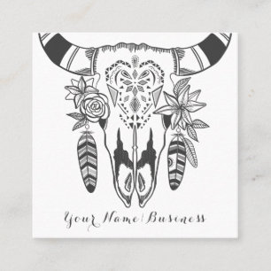 Carte De Visite Carré Boho Cow Crâne gris et blanc Bohème