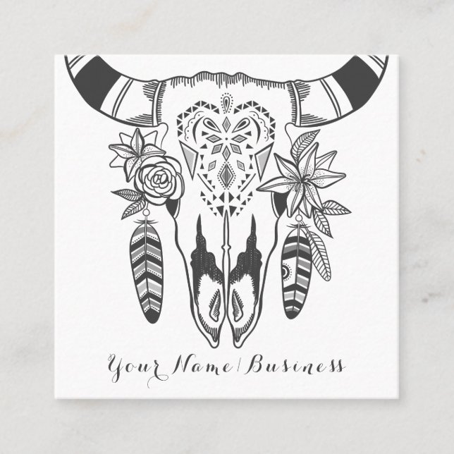 Carte De Visite Carré Boho Cow Crâne gris et blanc Bohème (Devant)