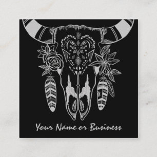 Carte De Visite Carré Boho Cow Skull noir et blanc Bohême