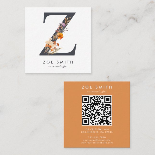 Carte De Visite Carré Boho Fleur sauvage initial Z QR Code (Devant / Derrière)