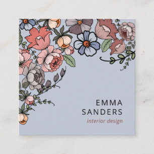 Carte De Visite Carré Boho Floral Et Folio Dusty Blue