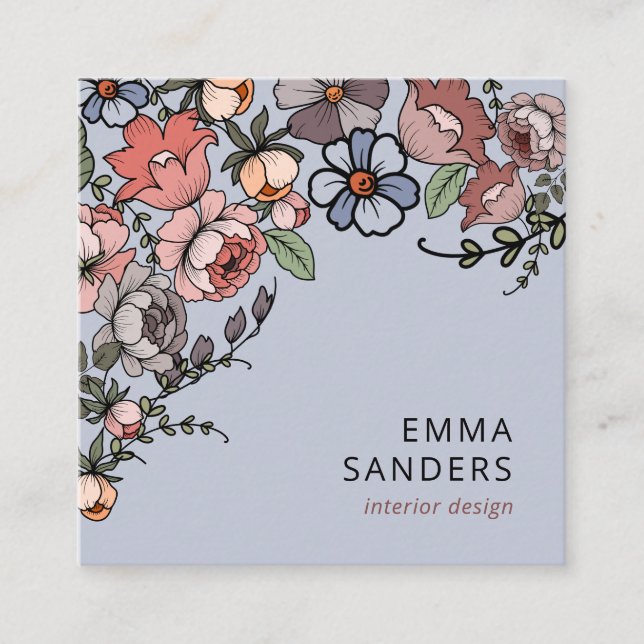 Carte De Visite Carré Boho Floral Et Folio Dusty Blue (Devant)