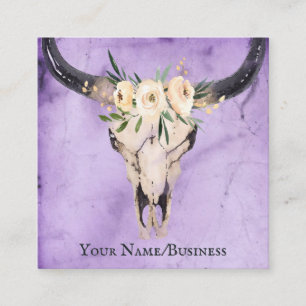 Carte De Visite Carré Boho Floral Vache crâne sur Arrière - plan pourpre