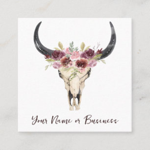 Carte De Visite Carré Boho Floral Vache crâne sur blanc
