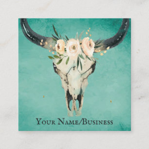 Carte De Visite Carré Boho Floral Vache Crâne sur Turquoise