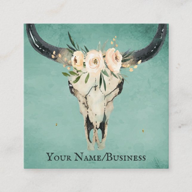Carte De Visite Carré Boho Floral Vache Crâne sur Turquoise (Devant)