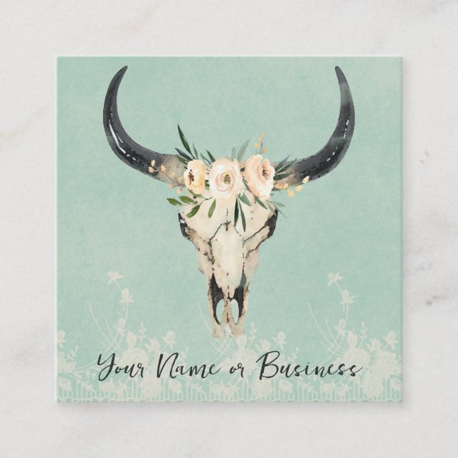Carte De Visite Carré Boho Floral Vache Crâne sur Turquoise (Devant)