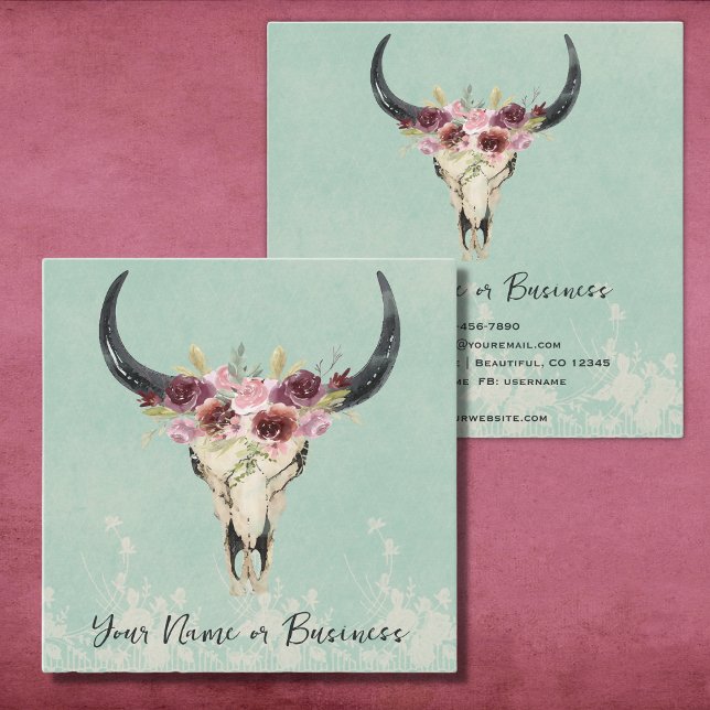Carte De Visite Carré Boho Floral Vache Crâne sur Turquoise (Créateur téléchargé)