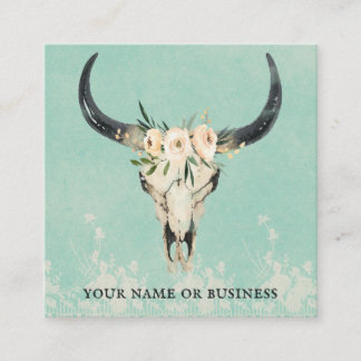 Carte De Visite Carré Boho Floral Vache Crâne sur Turquoise