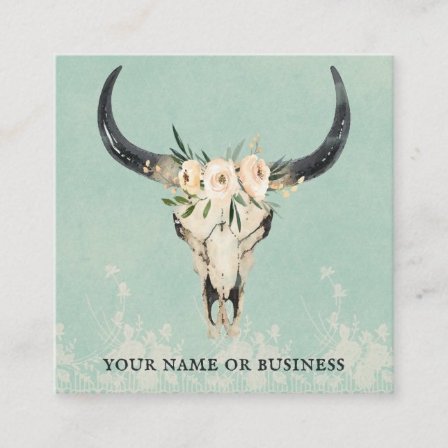 Carte De Visite Carré Boho Floral Vache Crâne sur Turquoise (Devant)