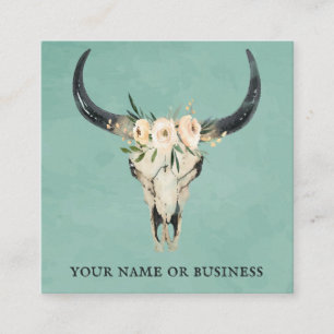 Carte De Visite Carré Boho Floral Vache Crâne sur Turquoise