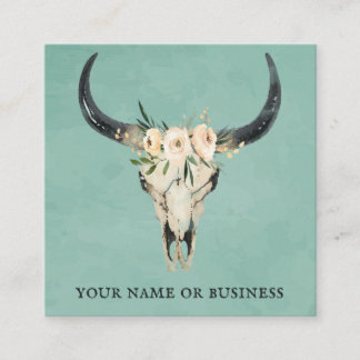 Carte De Visite Carré Boho Floral Vache Crâne sur Turquoise