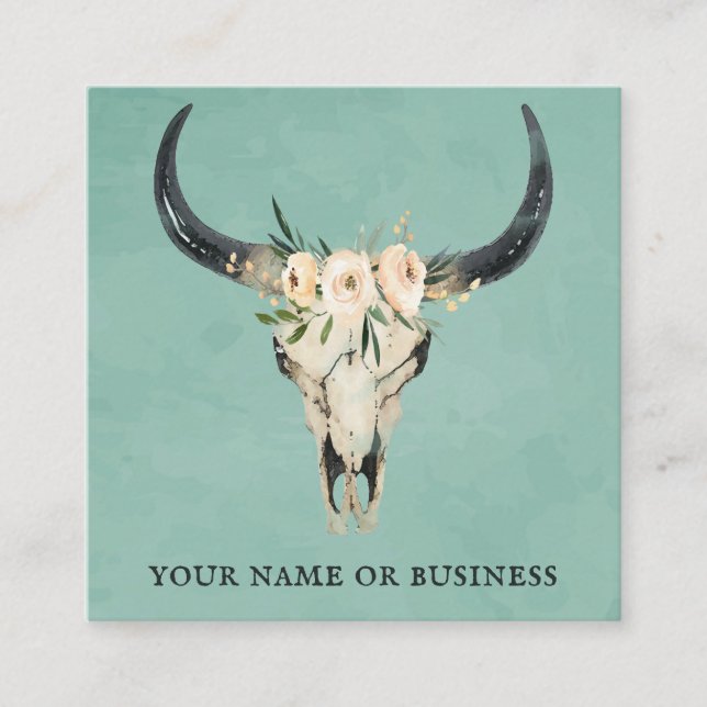 Carte De Visite Carré Boho Floral Vache Crâne sur Turquoise (Devant)