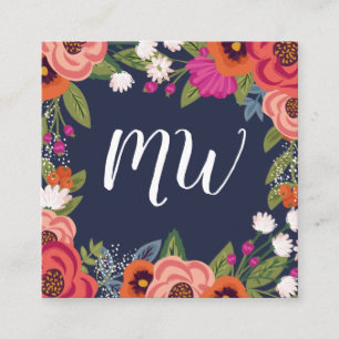 Carte De Visite Carré Boho Florals - Marine Blue & Coral - Monogramme