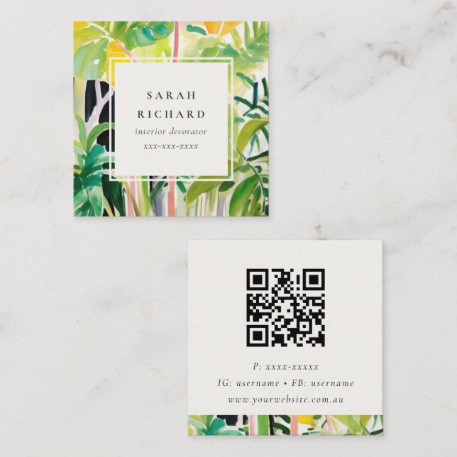 Carte De Visite Carré Boho Green Tropical Leaf Foliage Botanical QR Code (Devant / Derrière)