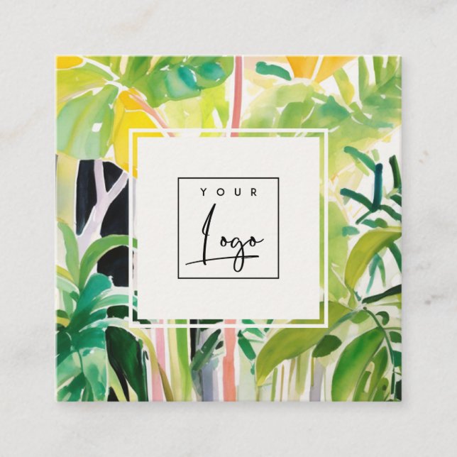 Carte De Visite Carré Boho Green  Tropical Leafy Foliage Botanical Logo (Devant)