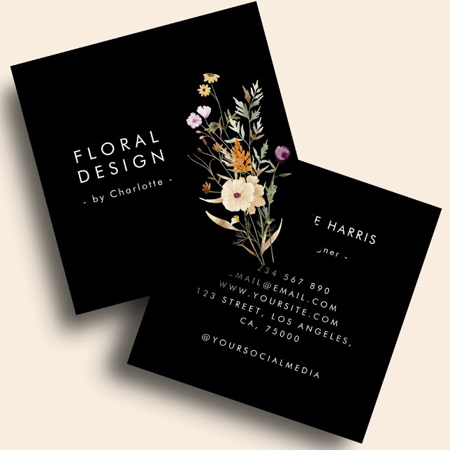 Carte De Visite Carré Boho Noir Aquarelle Fleur sauvage Floral Designer (Créateur téléchargé)