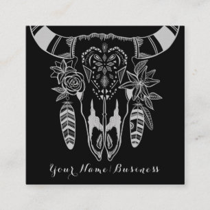 Carte De Visite Carré Boho Tribal Skull noir et blanc Bohême