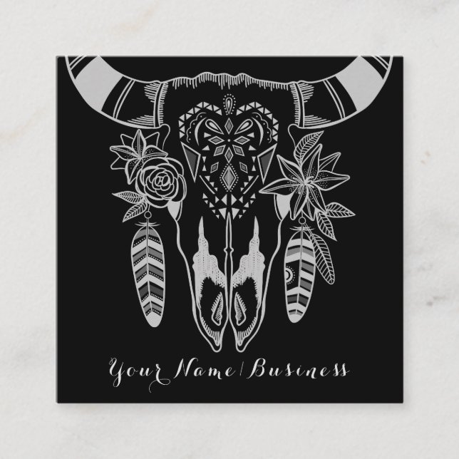 Carte De Visite Carré Boho Tribal Skull noir et blanc Bohême (Devant)