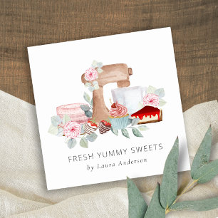 Carte De Visite Carré Bois Whisk Blush Aquarelle Floral Chef Logo