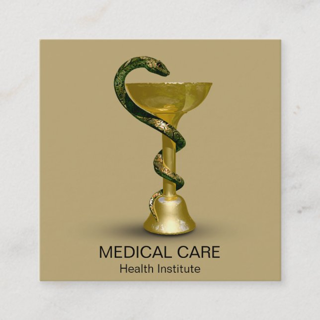 Carte De Visite Carré Bol de serpent beige Hygieia Médicale Gold Caduceu (Devant)