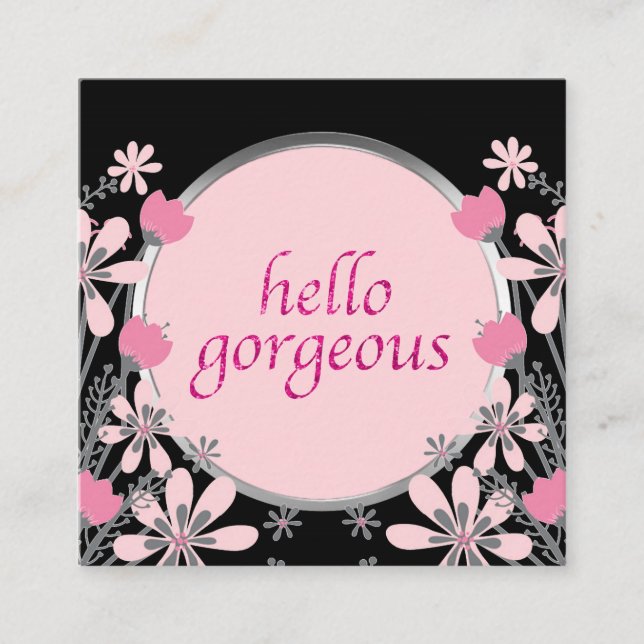 Carte De Visite Carré Bonjour parties scintillantes roses florales | (Devant)